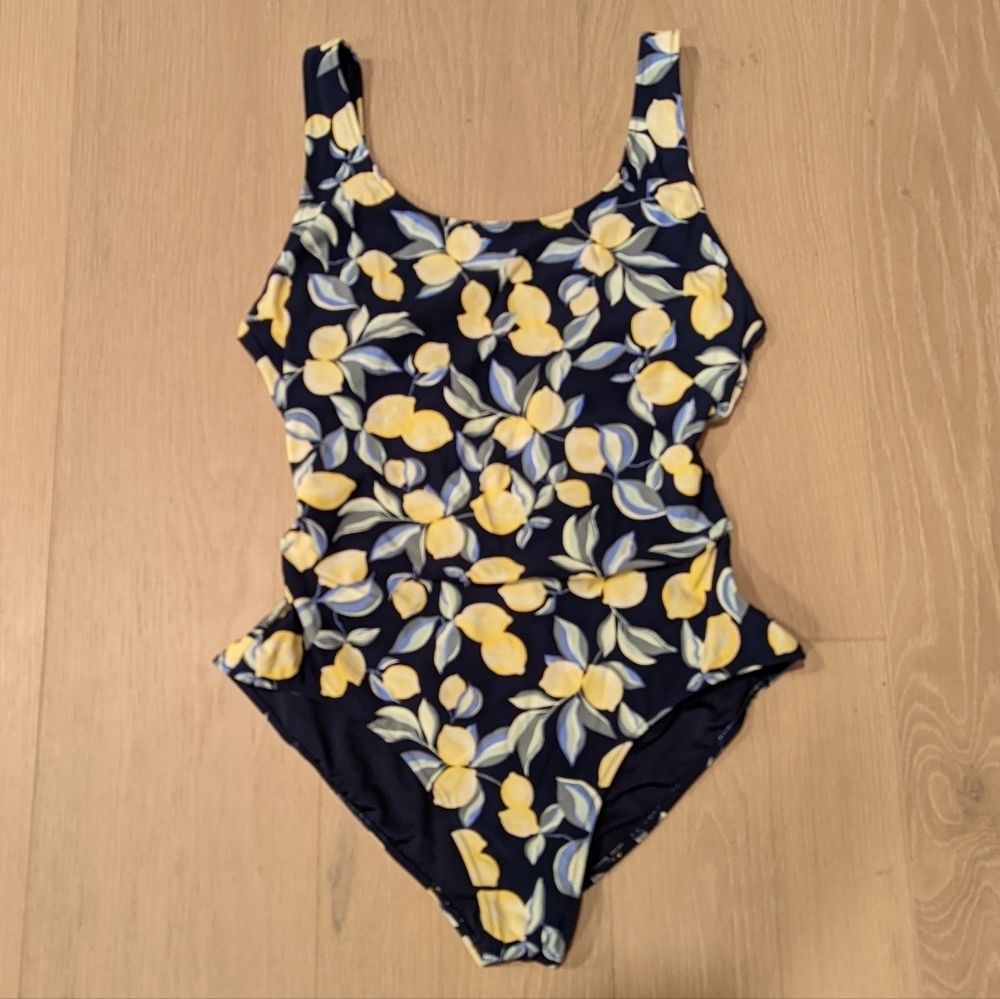Navy Swimsuit with Yellow Lemon Print